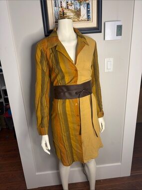 Mystree Mustard & Olive Striped Long-Sleeve Shirt Dress with Brown Waist Belt